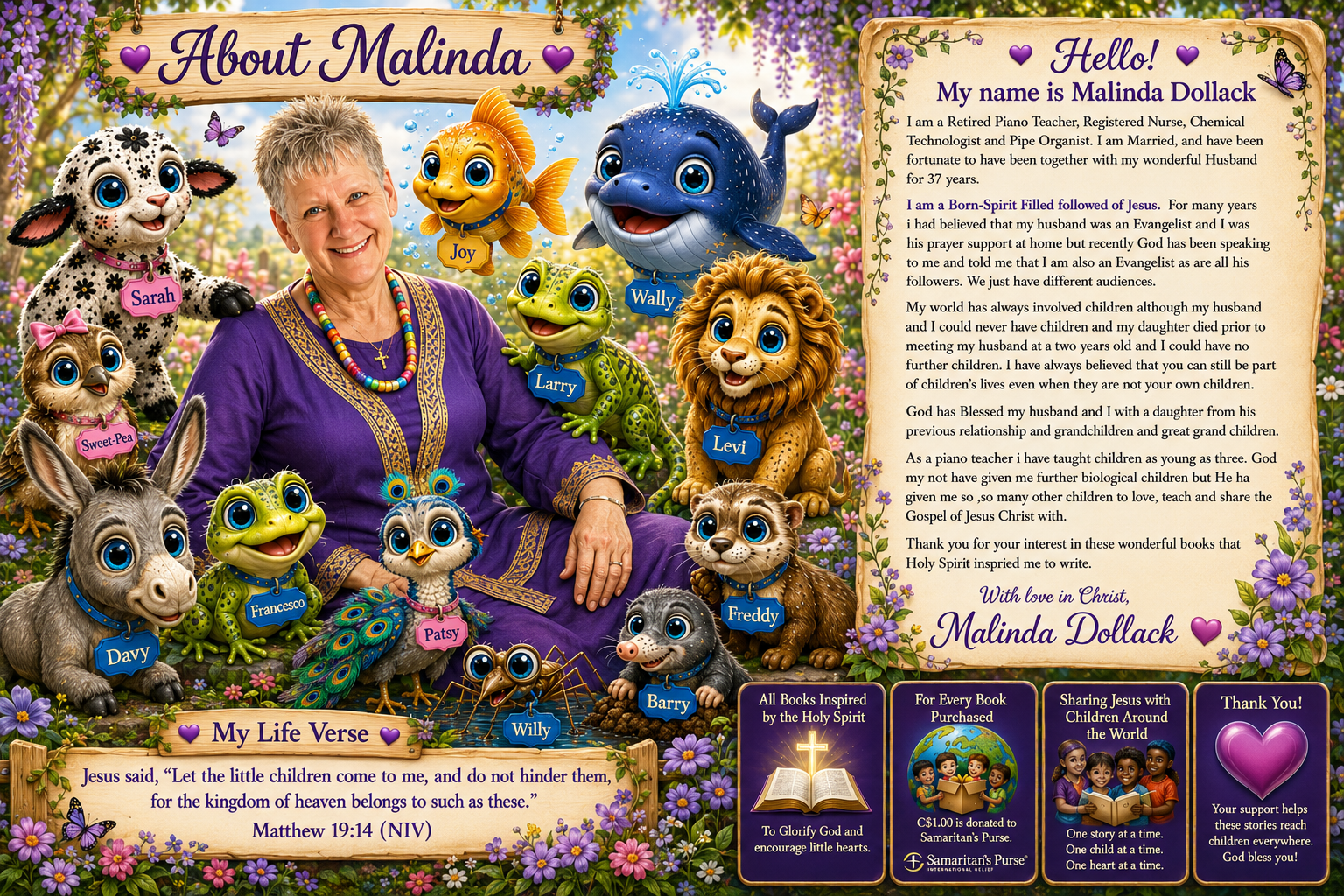 Malinda wearing dark purple and gold, surrounded by her twelve Story Garden animal characters