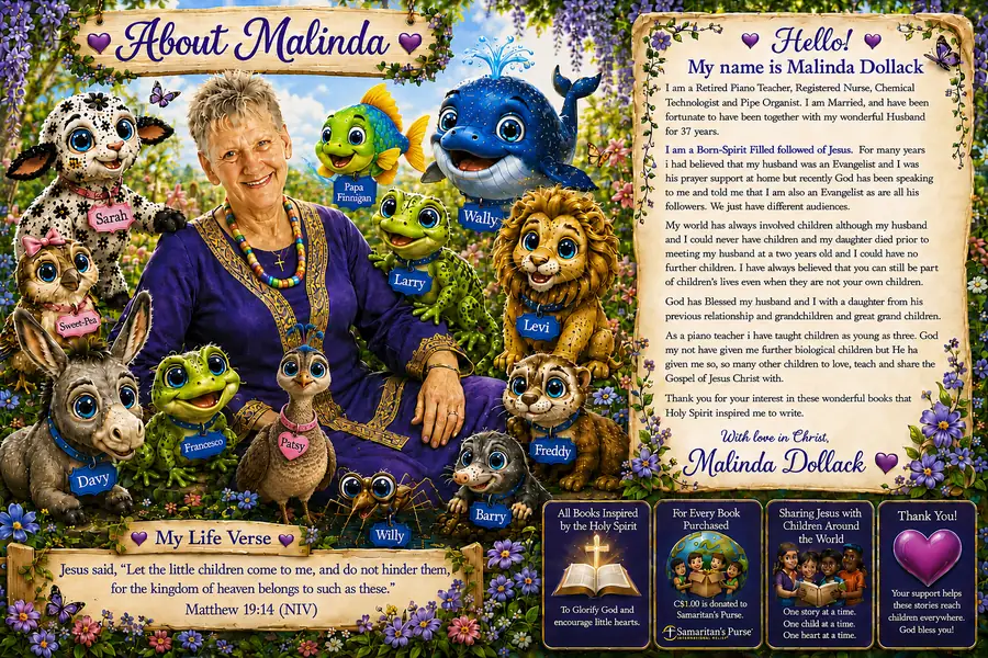 Malinda wearing dark purple and gold, surrounded by her twelve Story Garden animal characters